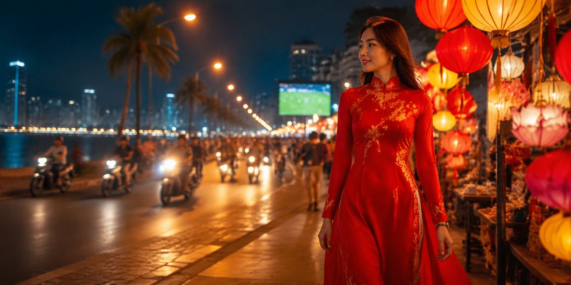 Người phụ nữ mặc áo dài tại Nha Trang theo dõi kết quả cá cược bóng đá và điểm thưởng