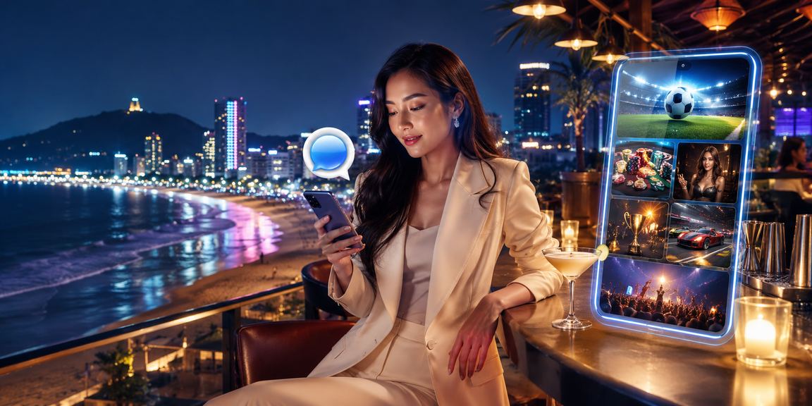 Người dùng tại bãi biển Vũng Tàu chơi casino trên điện thoại và theo dõi điểm thưởng thành viên